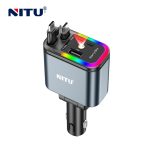 NITU 120W Multi-Port Car Charger with Retractable Cables and LED Ambient Light